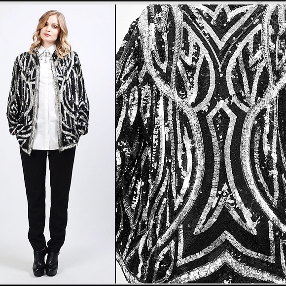 SOLD ON ETSY Vintage 90s Black & Silver Sequined Trophy Jacket - Picture 2 of 7